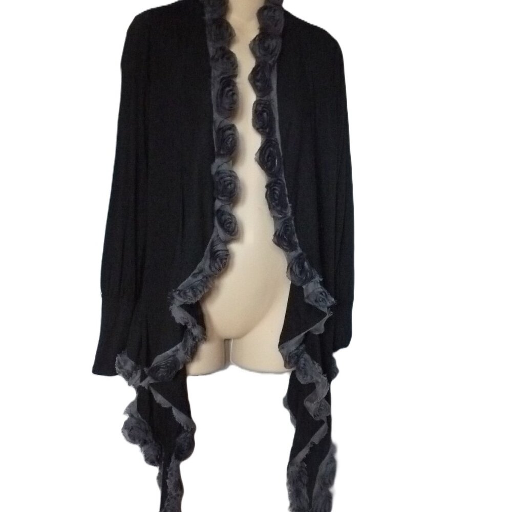 Awake Couture Open Outerwear Cardigan Black with Floral Collar Goth Size